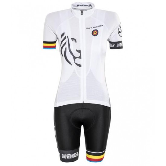 Bioracer Van Vlaanderen Dames Wit Zwart 2018 Fietskleding Set Wielershirt Korte Mouw+Korte Fietsbroeken Bib