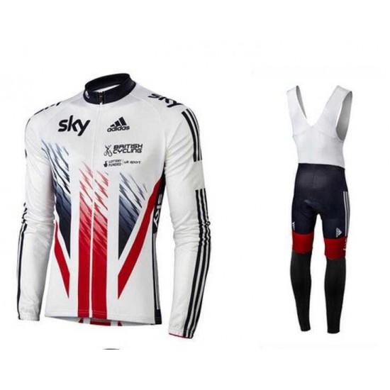 2016 SKY British Winter Wielerkleding Set Wielershirt Lange Mouwen+Lange Fietsbroeken Bib Vliezen Rood Wit